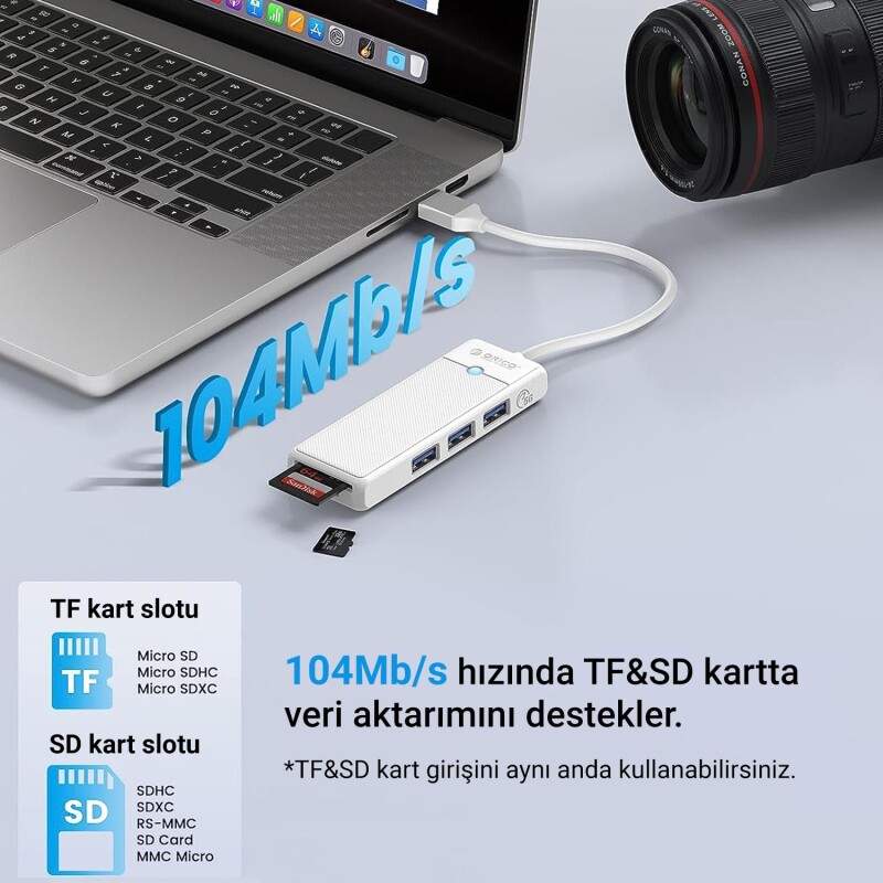 Orico Type-C to 3.0 TF SD Kart Okuyucu 3 Portlu USB 3.0 Çoklayıcı Adaptör Beyaz - 4