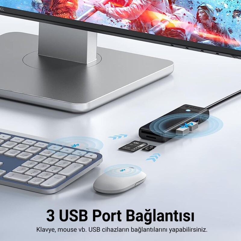 Orico Type-C to 3.0 TF SD Kart Okuyucu 3 Portlu USB 3.0 Çoklayıcı Adaptör Siyah - 2