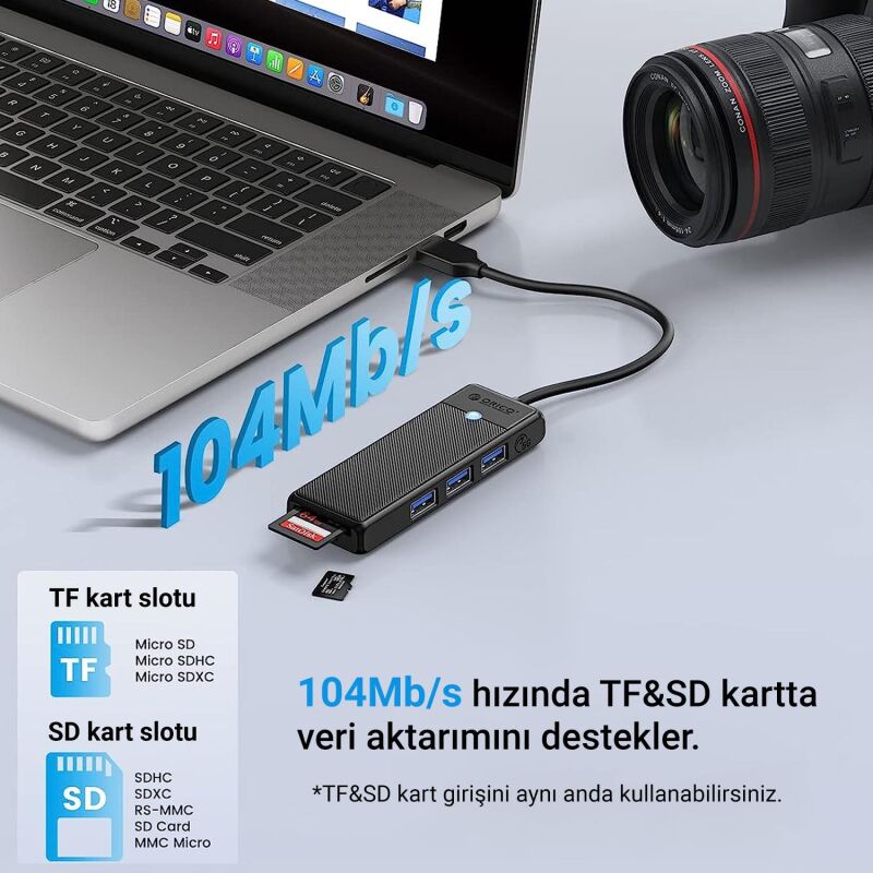 Orico Type-C to 3.0 TF SD Kart Okuyucu 3 Portlu USB 3.0 Çoklayıcı Adaptör Siyah - 3