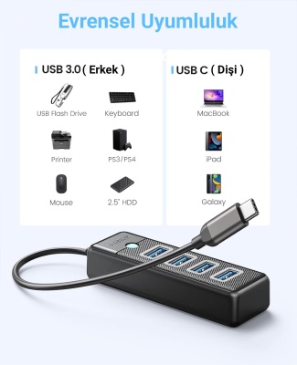 Orico Type-C to USB-A 3.0 4 Portlu Ultra Slim USB Çoklayıcı Hub Siyah - 7