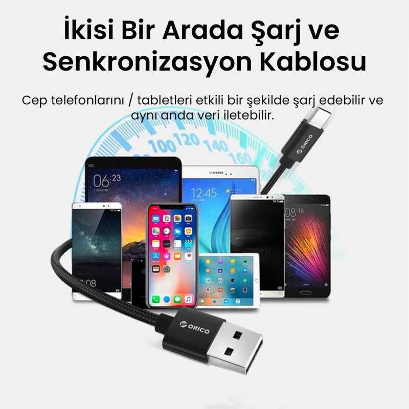 Orico USB to Type-C 3A Örgülü Data ve Şarj Kablosu 1 Metre Gümüş - 3