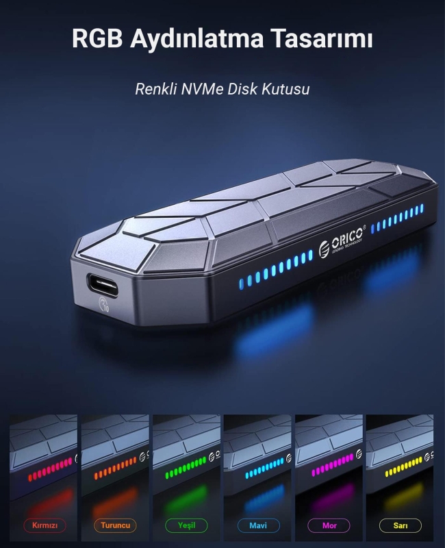 Orico USB3.1 Gen2 10Gbps UASP M.2 NVMe SSD RGB Renkli Disk Kutusu Alüminyum - 4