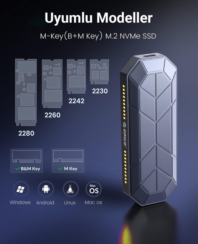 Orico USB3.1 Gen2 10Gbps UASP M.2 NVMe SSD RGB Renkli Disk Kutusu Alüminyum - 6