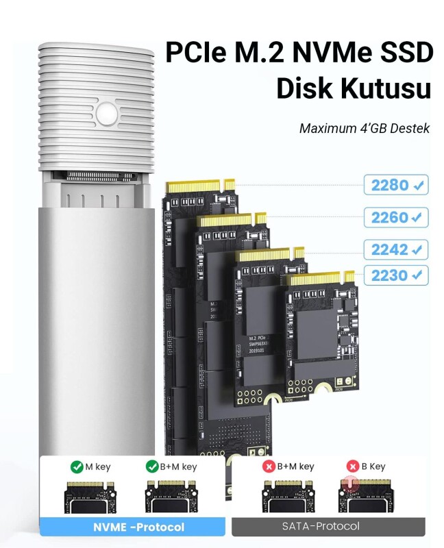 Orico USB3.2 Gen2 10Gbps Type-C M.2 NVMe SSD Disk Kutusu Alüminyum Beyaz - 5