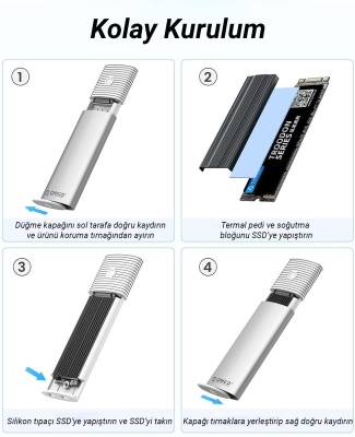 Orico USB3.2 Gen2 10Gbps Type-C M.2 NVMe SSD Disk Kutusu Alüminyum Beyaz - 8