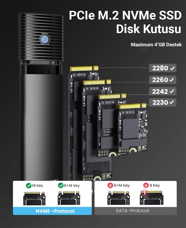 Orico USB3.2 Gen2 10Gbps Type-C M.2 NVMe SSD Disk Kutusu Alüminyum Siyah - 6