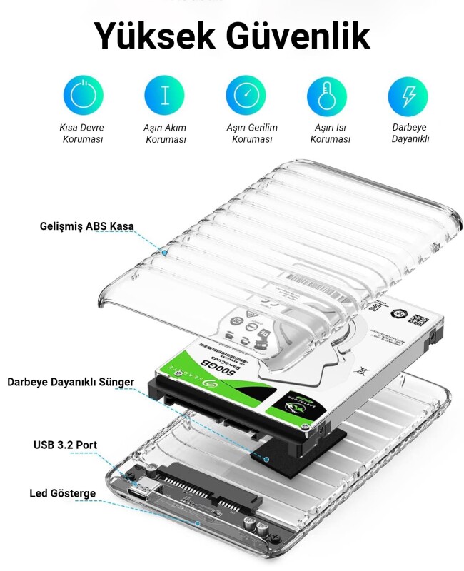 Orico USB3.2 Gen2 6Gbps Type-C 2.5” inch SATA SSD Hard Disk Kutusu Şeffaf - 6