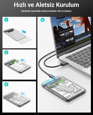 Orico USB3.2 Gen2 6Gbps Type-C 2.5” inch SATA SSD Hard Disk Kutusu Şeffaf - 7