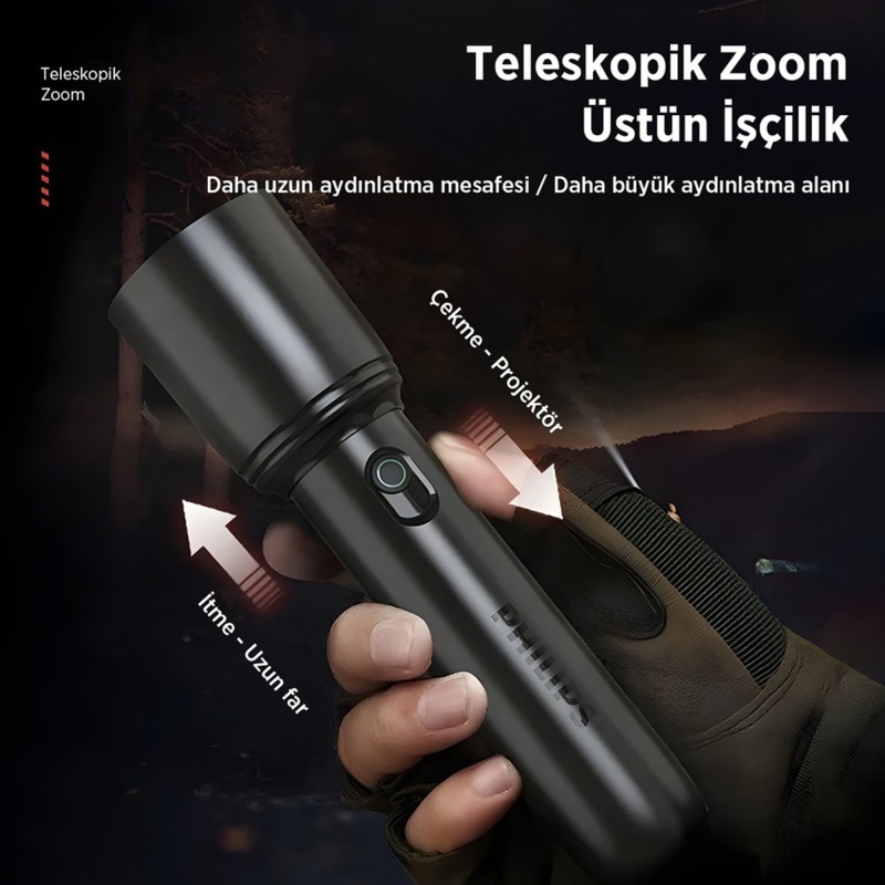 Philips SFL1403 400 Lümen 5W Led El Feneri Teleskopik Zoom Sos Modlu Şarj Edilebilir Uzun Menzilli Flashlight - 5