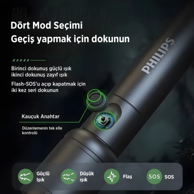 Philips SFL2124 250 Lümen 5W Led El Feneri Teleskopik Zoom Sos Modlu Metal Gövdeli Şarj Edilebilir Uzun Menzilli Flashlight - 3