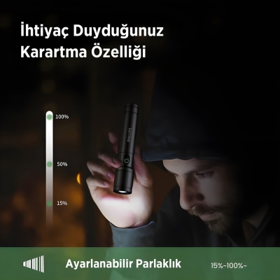 Philips SFL2124 250 Lümen 5W Led El Feneri Teleskopik Zoom Sos Modlu Metal Gövdeli Şarj Edilebilir Uzun Menzilli Flashlight - 4