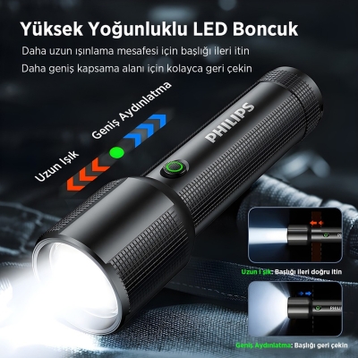 Philips SFL2203 450 Lümen 5W Led El Feneri Teleskopik Zoom Sos Modlu Metal Gövdeli Şarj Edilebilir Uzun Menzilli Flashlight - 3