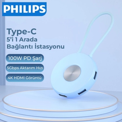 Philips SWR1670 Type-C to 3*USB 3.0 HDMI PD 3.0 Dönüştürücü Adaptör Mavi - 4