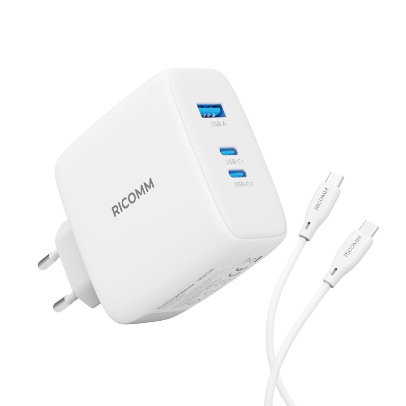 Ricomm 100W GaN 3 Portlu USB-C + USB-A Şarj Aleti QC5.0 PD Type-C Hızlı Şarj Cihazı + 100W Şarj Kablosu - 1