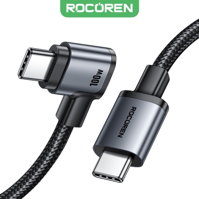 Rocoren 100W Type-C to Type-C 90° Örgülü PD Hızlı Şarj ve Data Kablosu 1 Metre - 1