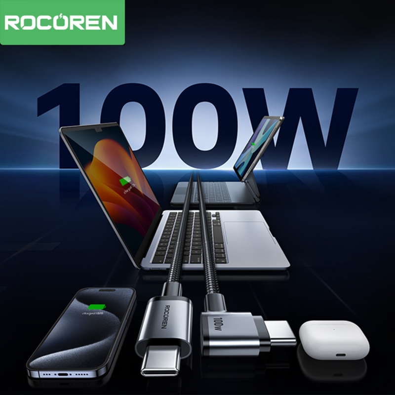 Rocoren 100W Type-C to Type-C 90° Örgülü PD Hızlı Şarj ve Data Kablosu 1 Metre - 2