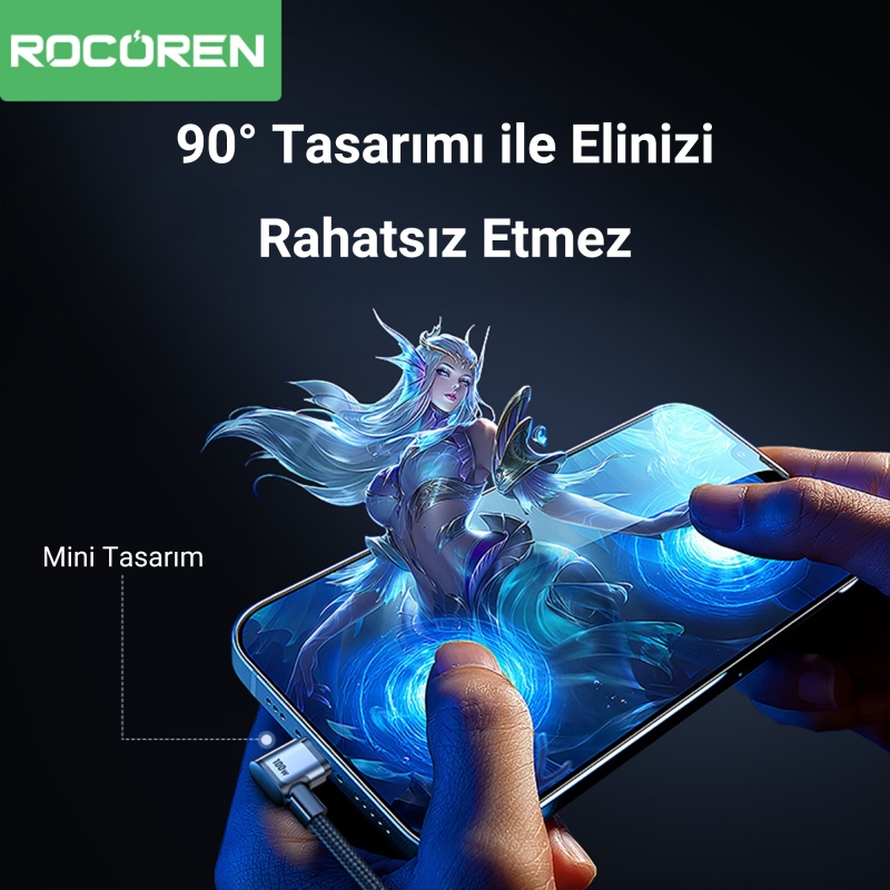 Rocoren 100W Type-C to Type-C 90° Örgülü PD Hızlı Şarj ve Data Kablosu 1 Metre - 3