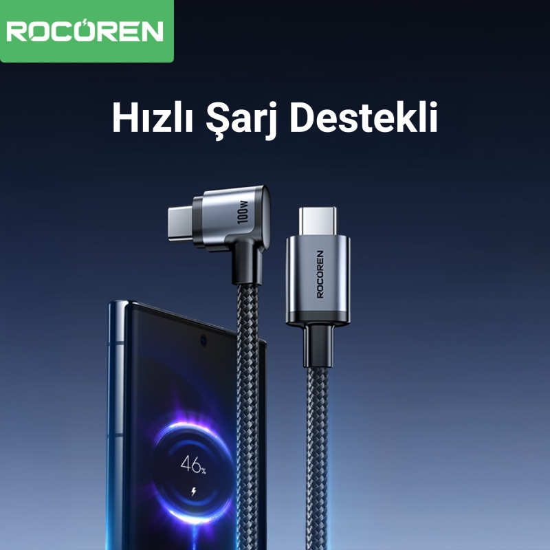 Rocoren 100W Type-C to Type-C 90° Örgülü PD Hızlı Şarj ve Data Kablosu 1 Metre - 4