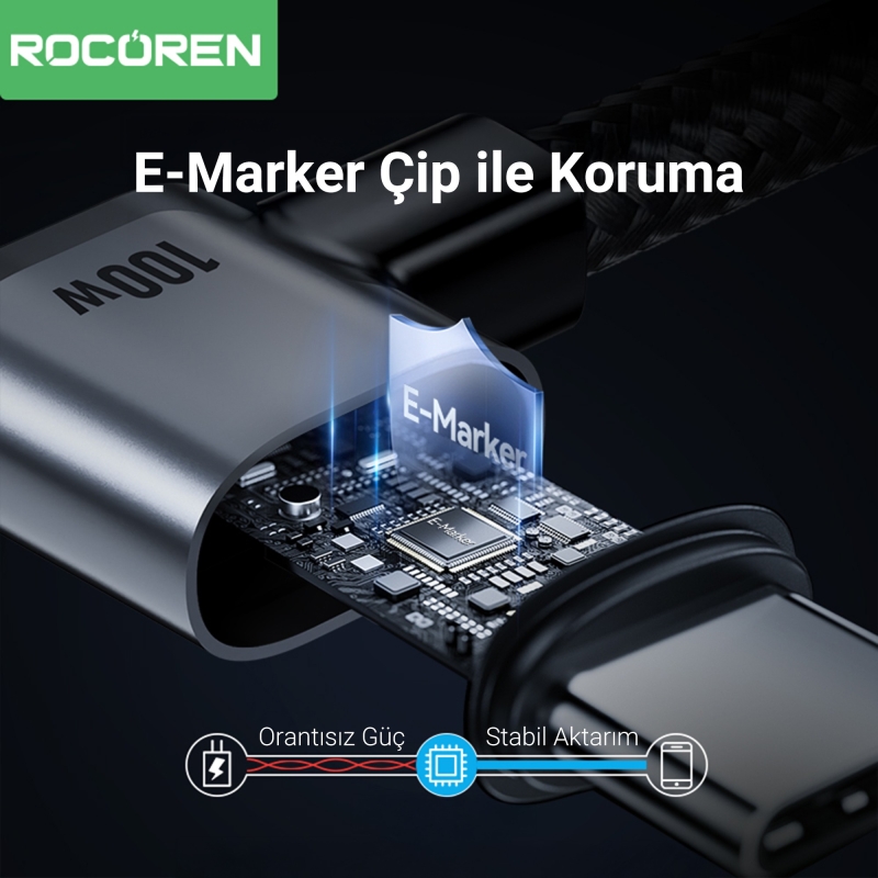 Rocoren 100W Type-C to Type-C 90° Örgülü PD Hızlı Şarj ve Data Kablosu 1 Metre - 5