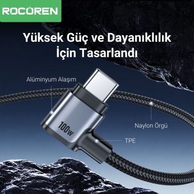 Rocoren 100W Type-C to Type-C 90° Örgülü PD Hızlı Şarj ve Data Kablosu 1 Metre - 6