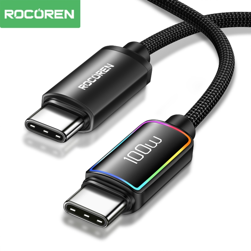 Rocoren 100W Type-C to Type-C RGB Aydınlatmalı Örgülü Şarj ve Data Kablosu 3 Metre - 1