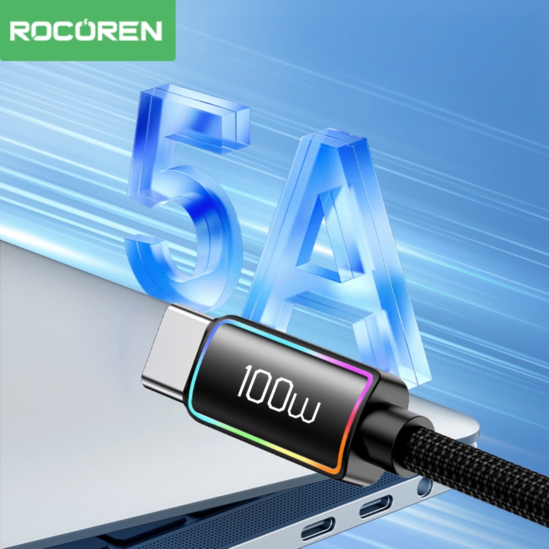 Rocoren 100W Type-C to Type-C RGB Aydınlatmalı Örgülü Şarj ve Data Kablosu 3 Metre - 2