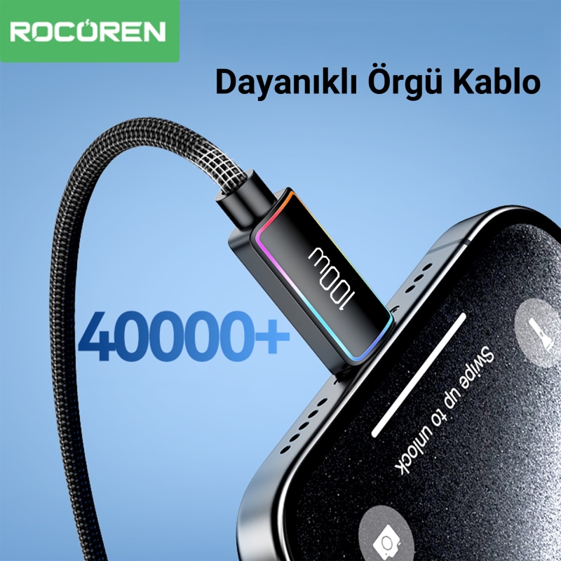 Rocoren 100W Type-C to Type-C RGB Aydınlatmalı Örgülü Şarj ve Data Kablosu 3 Metre - 6