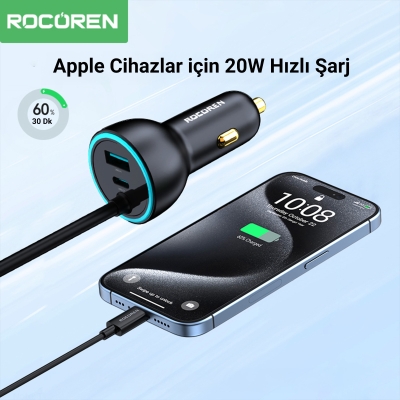 Rocoren 105W Type-C / USB-A Araç İçi Uzatmalı Çakmaklık Hızlı Şarj Cihazı - 3