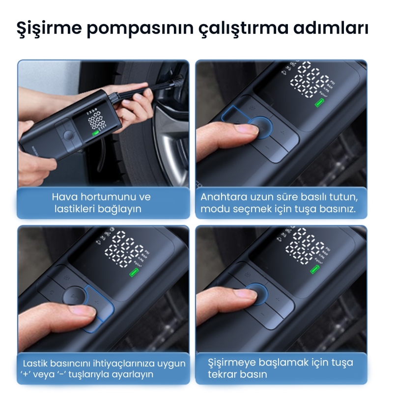 Rocoren 150PSI Dijital Ekranlı Şarjlı Taşınabilir Lastik Şişirme Pompası Araç Motosiklet Bisiklet Top Uyumlu - 6
