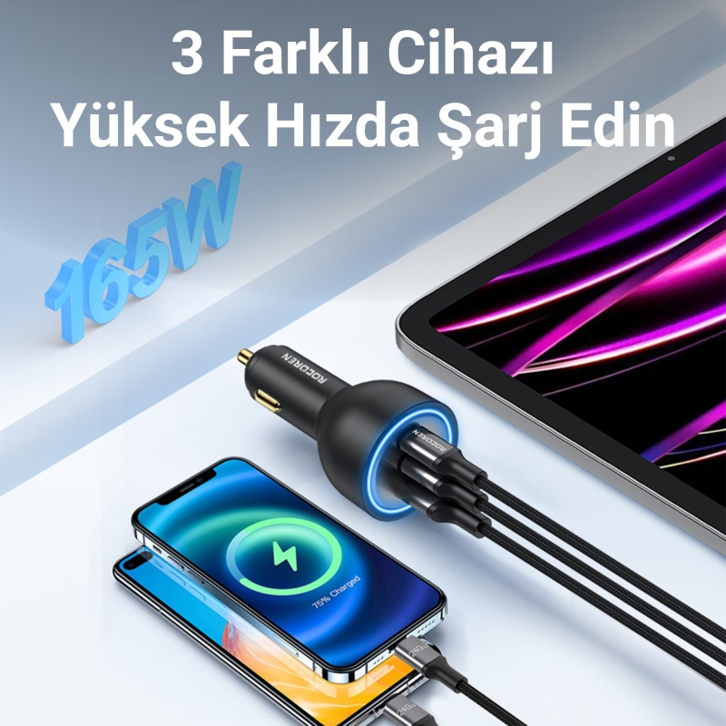 Rocoren 165W 3 Portlu Type-C / USB PD3.1 / QC4.0 Araç içi Hızlı Şarj Cihazı - 2