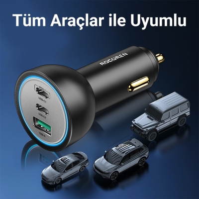 Rocoren 165W 3 Portlu Type-C / USB PD3.1 / QC4.0 Araç içi Hızlı Şarj Cihazı - 4