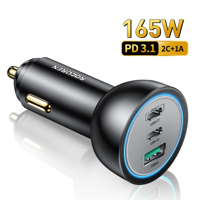 Rocoren 165W 3 Portlu PD3.1 2*Type-C ve USB-A Araç içi Hızlı Şarj Cihazı + 1 Metre 240W Kablo - 1