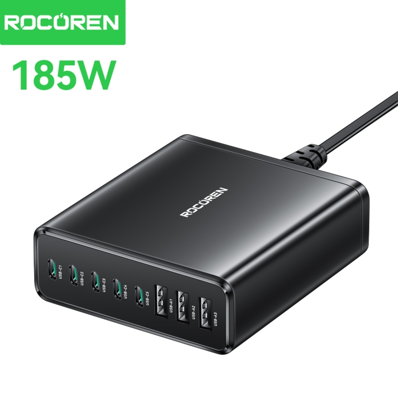 Rocoren 185W Type-C / USB-A 8 Portlu Laptop Uyumlu Masaüstü GaN Hızlı Şarj Cihazı - 1