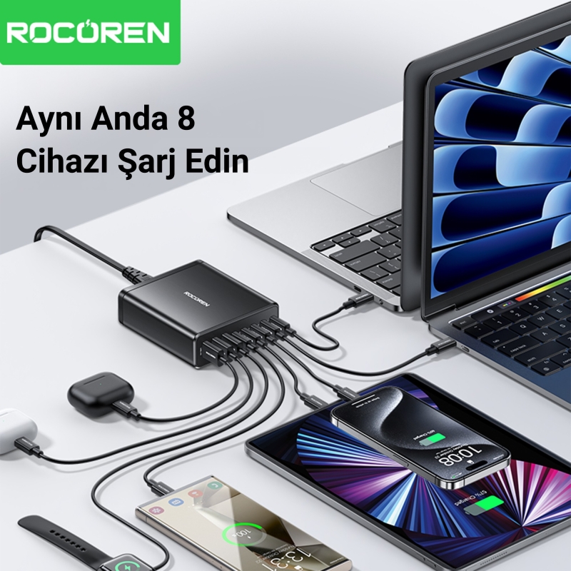 Rocoren 185W Type-C / USB-A 8 Portlu Laptop Uyumlu Masaüstü GaN Hızlı Şarj Cihazı - 2