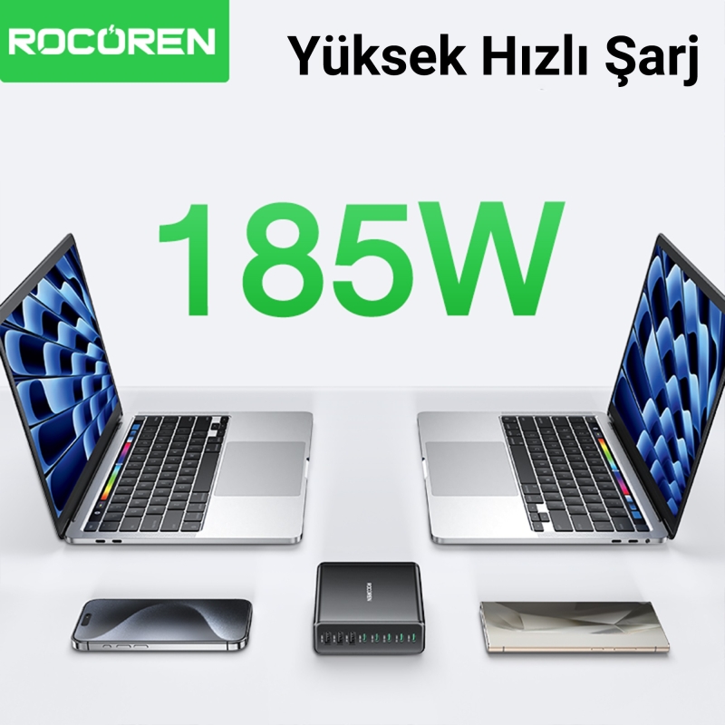 Rocoren 185W Type-C / USB-A 8 Portlu Laptop Uyumlu Masaüstü GaN Hızlı Şarj Cihazı - 3