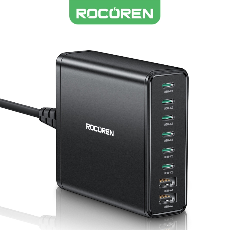 Rocoren 200W GaN 8 Portlu Type-C / USB-A PD3.0 QC3.0 Laptop Uyumlu Masaüstü Hızlı Şarj Cihazı - 1