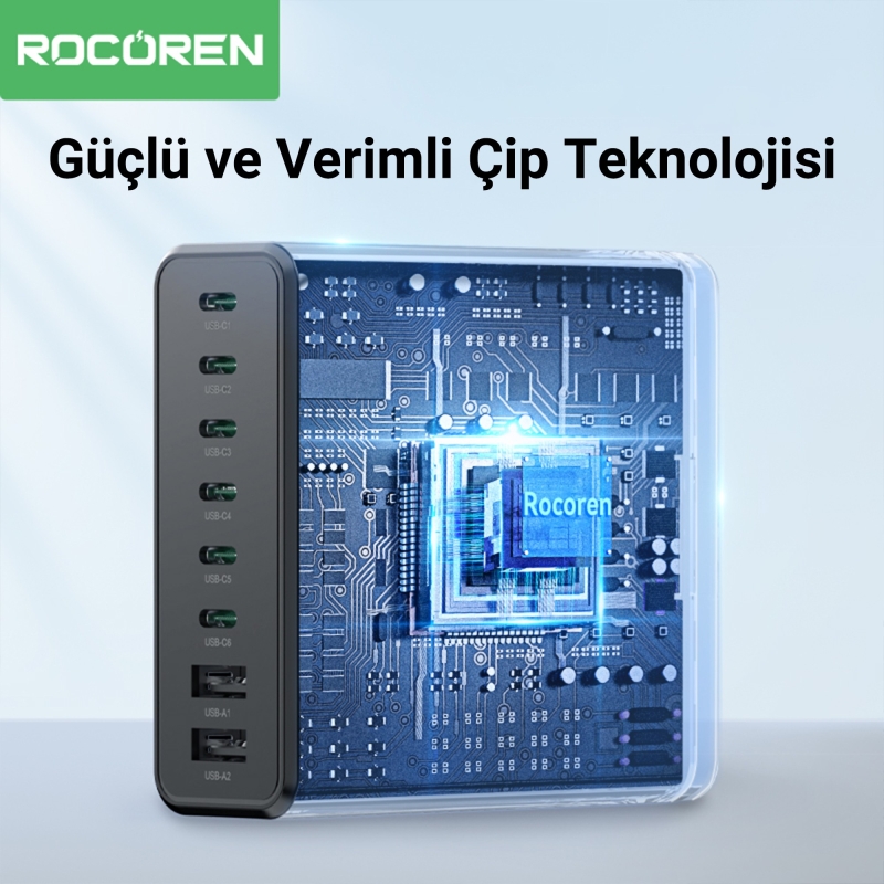 Rocoren 200W GaN 8 Portlu Type-C / USB-A PD3.0 QC3.0 Laptop Uyumlu Masaüstü Hızlı Şarj Cihazı - 2