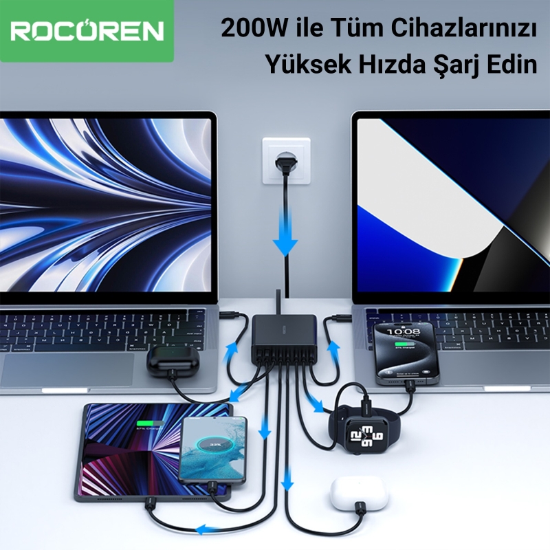 Rocoren 200W GaN 8 Portlu Type-C / USB-A PD3.0 QC3.0 Laptop Uyumlu Masaüstü Hızlı Şarj Cihazı - 3