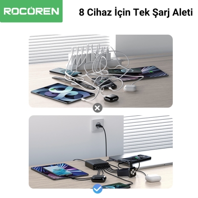 Rocoren 200W GaN 8 Portlu Type-C / USB-A PD3.0 QC3.0 Laptop Uyumlu Masaüstü Hızlı Şarj Cihazı - 6