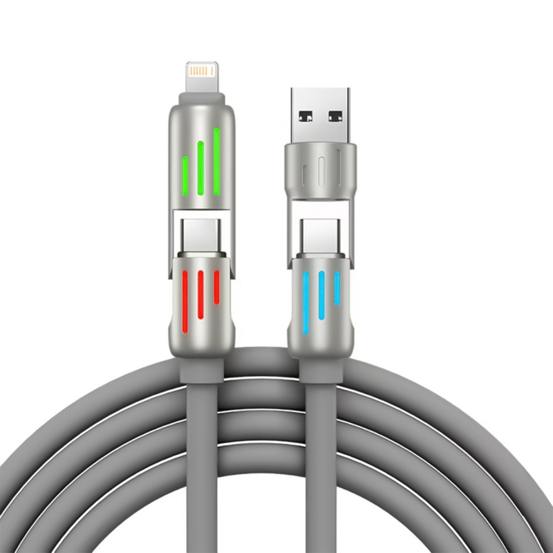 Rocoren 240W 4'ü 1 Arada Type-C / USB-A / Lightning Gri Silikon Şarj ve Data Kablosu 1.2 Metre - 1