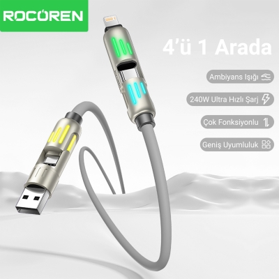 Rocoren 240W 4'ü 1 Arada Type-C / USB-A / Lightning Gri Silikon Şarj ve Data Kablosu 1.2 Metre - 2