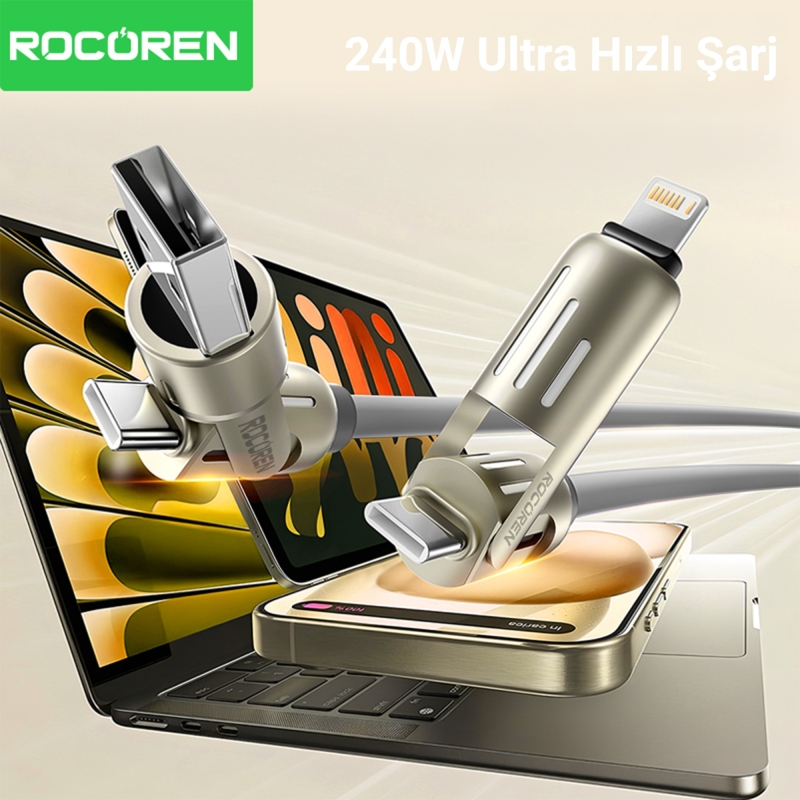 Rocoren 240W 4'ü 1 Arada Type-C / USB-A / Lightning Gri Silikon Şarj ve Data Kablosu 1.2 Metre - 3