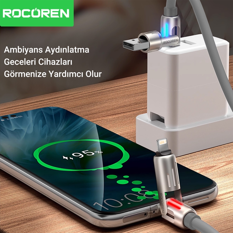 Rocoren 240W 4'ü 1 Arada Type-C / USB-A / Lightning Gri Silikon Şarj ve Data Kablosu 1.2 Metre - 5