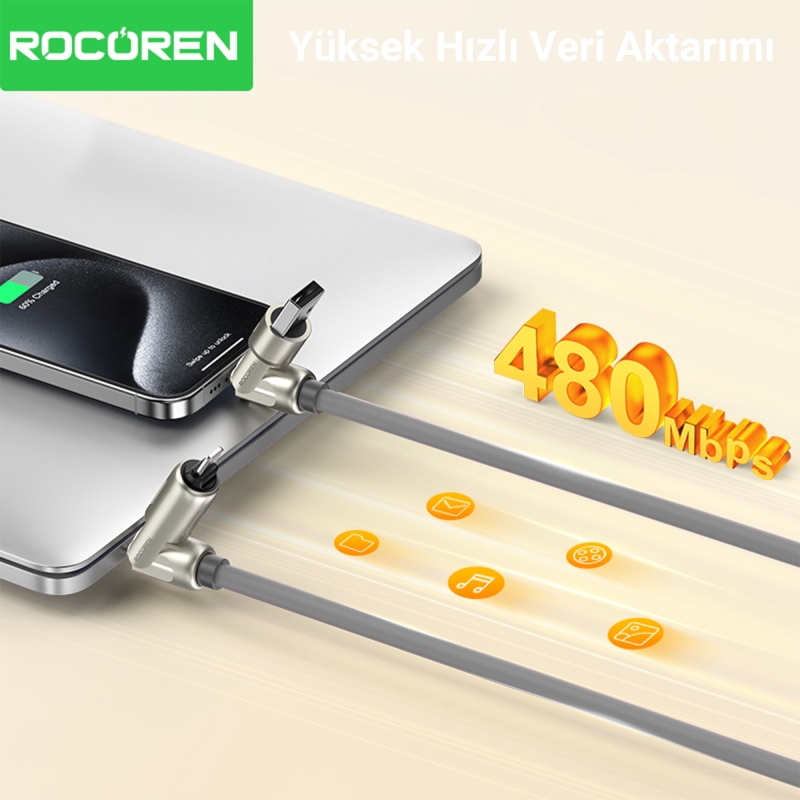 Rocoren 240W 4'ü 1 Arada Type-C / USB-A / Lightning Gri Silikon Şarj ve Data Kablosu 1.2 Metre - 6