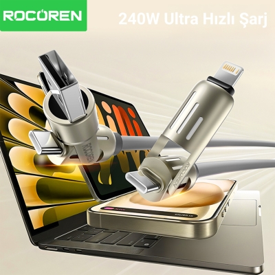 Rocoren 240W 4'ü 1 Arada Type-C / USB-A / Lightning Mor Silikon Şarj ve Data Kablosu 1.2 Metre - 3