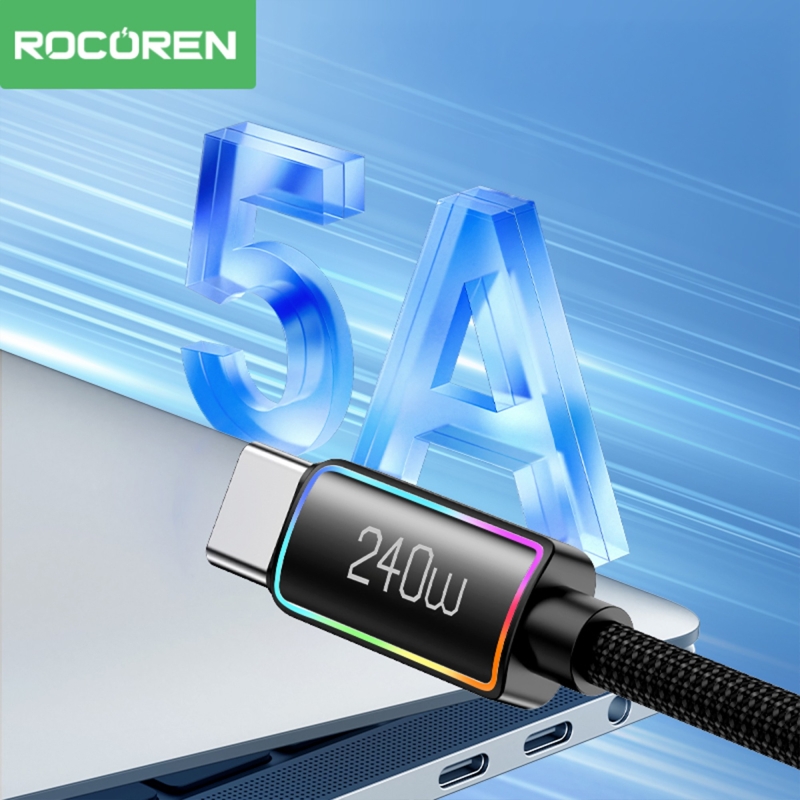 Rocoren 240W Type-C to Type-C RGB Aydınlatmalı Örgülü Şarj ve Data Kablosu 1 Metre - 2