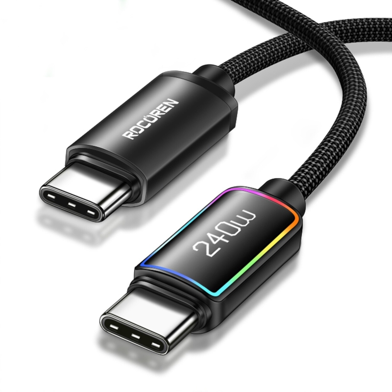 Rocoren 240W Type-C to Type-C RGB Aydınlatmalı Örgülü Şarj ve Data Kablosu 3 Metre - 1