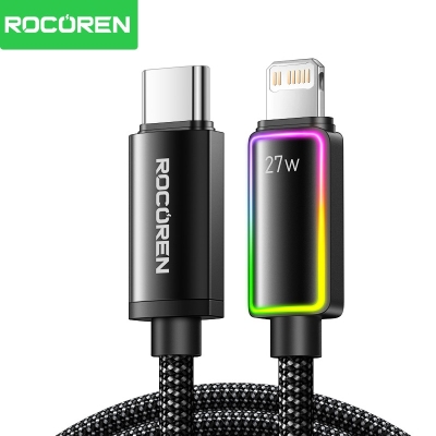 Rocoren 27W Type-C to Lightning RGB Aydınlatmalı Örgülü Şarj ve Data Kablosu 1 Metre - 1