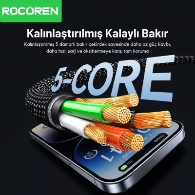 Rocoren 27W Type-C to Lightning RGB Aydınlatmalı Örgülü Şarj ve Data Kablosu 1 Metre - 5