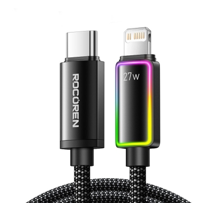 Rocoren 27W Type-C to Lightning RGB Aydınlatmalı Örgülü Şarj ve Data Kablosu 2 Metre - 1